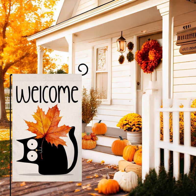 BLKWHT Fall Cat Garden Flag 12x18 Vertical Double Sided Welcome Maple Leaf Autumn Thanksgiving Holiday Outside Decorations Burlap Yard Flag BW689 - Image 2